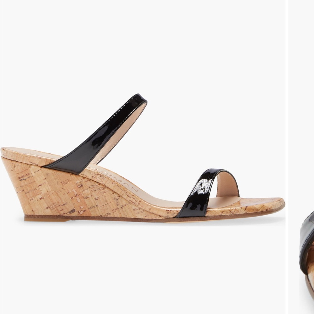 Stuart Weitzman Black Patent Cork Wedge Sandals - Picture 2 of 8